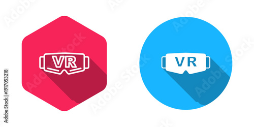 Filled and outline Virtual reality glasses icon isolated with long shadow background. Stereoscopic 3d vr mask. Optical head mounted display. Vector