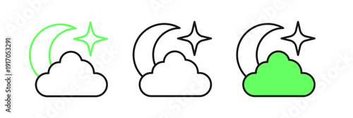 Set line Moon and stars icon isolated on white background. Cloudy night sign. Sleep dreams symbol. Full moon. Night or bed time sign. Vector