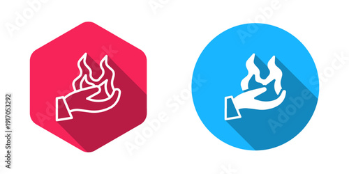 Filled and outline Hand holding a fire icon isolated with long shadow background. Vector