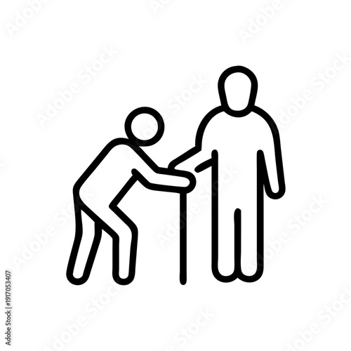 Caregiver assisting elderly man with cane in minimalistic icon design  