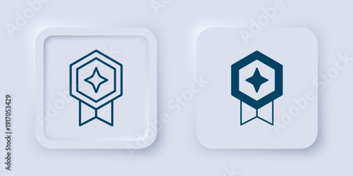 Filled and outline Game rating with medal icon isolated on grey background. Level results for game. Square button. Vector