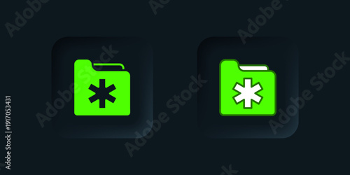Green Medical health record folder for healthcare icon isolated on black background. Patient file icon. Medical history symbol. Black square button. Vector