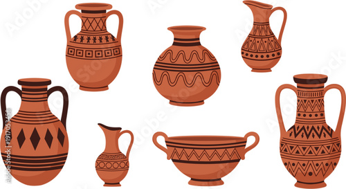 Set of ancient terracotta pottery icons with traditional patterns featuring Greek amphorae clay vases jars and decorative jugs for history education or museum exhibition design.