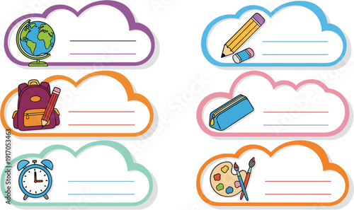 Set of colorful cloud shaped school name labels featuring cute icons of globe pencil backpack pencil case alarm clock and art palette for kids education organization.