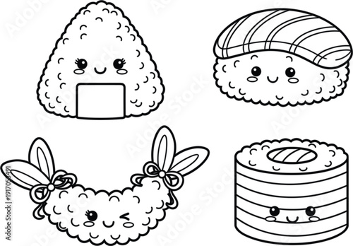 Set of cute kawaii sushi line icons featuring onigiri nigiri maki roll and tempura shrimp with happy faces for Japanese food menu coloring books and sticker design.