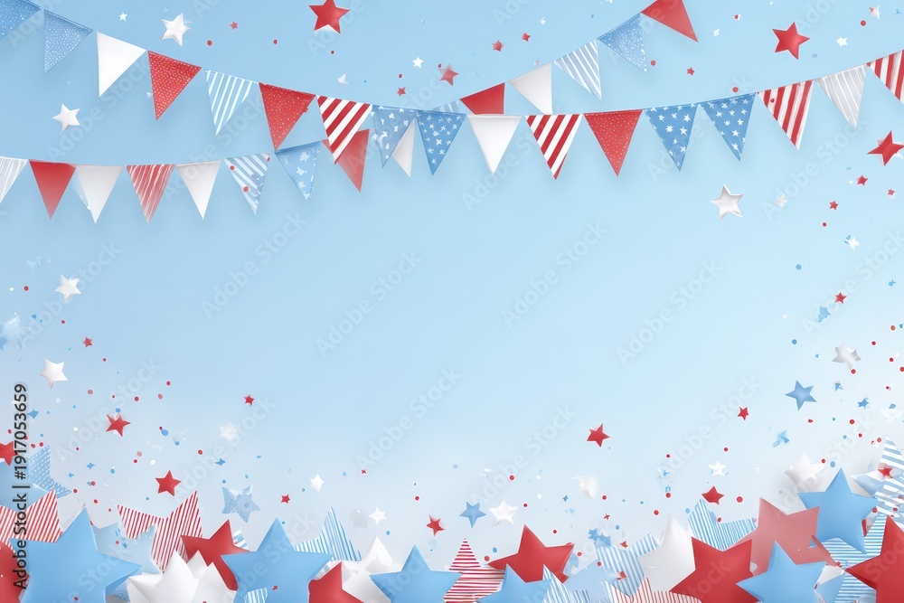 Obraz premium Festive Independence Day banner with red, white, and blue stars and pennants