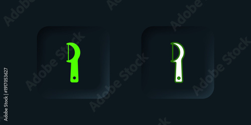 Green Dental floss icon isolated on black background. Black square button. Vector