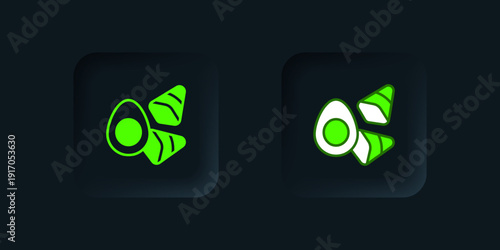 Green Chicken egg with vegerables icon isolated on black background. Black square button. Vector