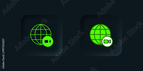 Green Video chat conference icon isolated on black background. Online meeting work form home. Remote project management. Black square button. Vector