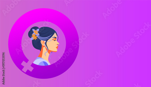International Women’s Day 2026 Illustration with Female Portrait and Venus Symbol on Purple Background 