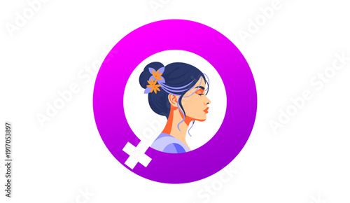 International Women’s Day Illustration with Female Profile and Venus Symbol on Purple Background 