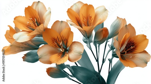 Elegant orange alstroemeria blooms on stems against a white background.