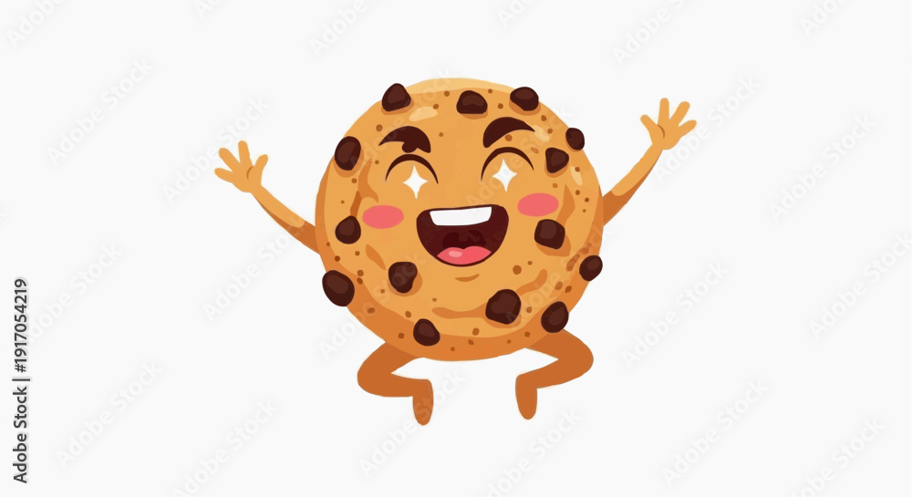 Obraz premium A cheerful cartoon cookie with chocolate chips jumping in the air