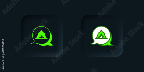 Green Circus tent icon isolated on black background. Carnival camping tent. Amusement park. Black square button. Vector