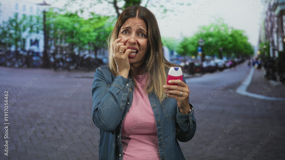 Fototapeta premium Woman holding toothpaste with hand on cheek on street, grimacing and touching teeth showing discomfort; toothache pain.