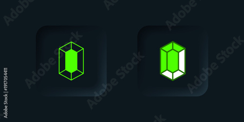 Green Gem stone icon isolated on black background. Jewelry symbol. Diamond. Black square button. Vector
