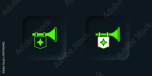 Green Trumpet with flag icon isolated on black background. Musical instrument trumpet. Black square button. Vector
