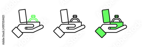 Set line Diamond engagement ring in a box icon isolated on white background. Vector