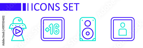 Set line Play Video, Stereo speaker, Plus 16 movie and Science fiction icon. Vector