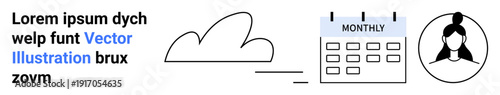 Data storage, scheduling, digital profiles, cloud computing, online organization, teamwork. Icons of a cloud, a monthly calendar and a female user avatar. Cloud computing and scheduling concept