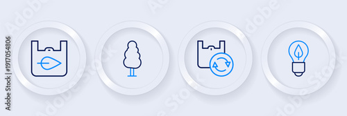 Set line Light bulb with leaf, Shopping bag recycle, Tree and icon. Vector