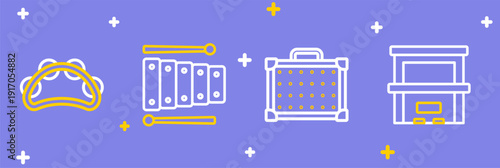 Set line Piano, Guitar amplifier, Xylophone and Tambourine icon. Vector