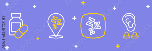 Set line Earplugs and ear, Sleepy, and Sleeping pill icon. Vector