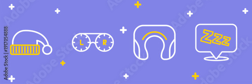 Set line Sleepy, Travel neck pillow, Contact lens container and Sleeping hat icon. Vector