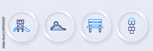 Set line Hopscotch, Bench, Slide playground and icon. Vector