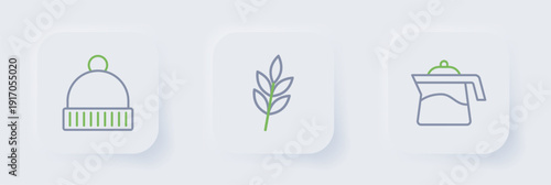 Set line Teapot, Leaf and Winter hat icon. Vector