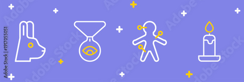 Set line Burning candle, Voodoo doll, Medallion on chain with eye and Rabbit ears icon. Vector