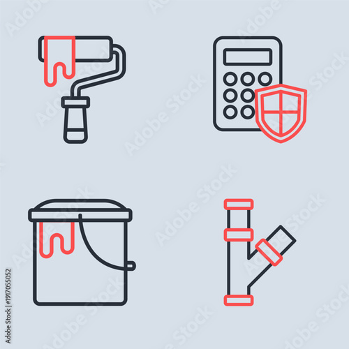 Set line Security keypad access panel, Paint bucket, Industry metallic pipe and roller brush icon. Vector