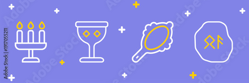 Set line Magic runes, hand mirror, Medieval goblet and Candlestick icon. Vector