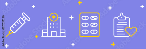 Set line Patient record, Pills in blister pack, Hospital building and Syringe icon. Vector