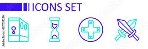 Set line Sword for game, Game controller joystick, Old hourglass and Case of computer icon. Vector