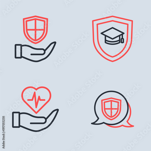 Set line Graduation cap with shield, Life insurance in hand, Shield and icon. Vector