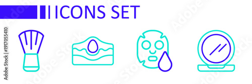 Set line Makeup powder with mirror, Facial cosmetic mask, Acne and brush icon. Vector