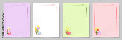 Children chalk drawing easter frame templates in kid crayon hand drawn style. Spring floral border with copy space for greeting card, website header, marketing campaign and social media.