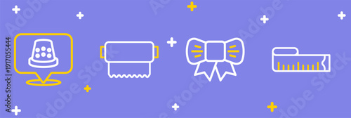 Set line Tape measure, Gift bow, Textile fabric roll and Thimble for sewing icon. Vector