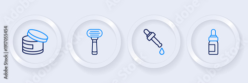 Set line Essential oil bottle, Pipette with, Shaving razor and Cream lotion cosmetic tube icon. Vector