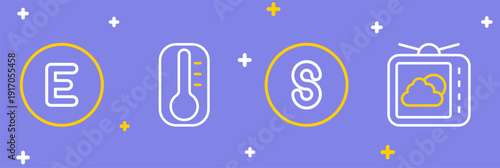 Set line Weather forecast, Compass south, Thermometer and west icon. Vector