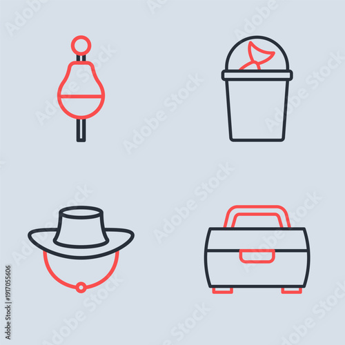 Set line Fisherman hat, Dried fish, Fishing hook and float icon. Vector