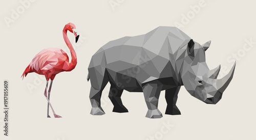 Polygonal illustration of a vibrant pink flamingo and a sturdy grey rhinoceros, showcasing geometric animal art with modern graphic appeal