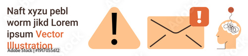 Communication alerts, problem-solving, email notifications, warning messages, mental processing, information overload. Alert triangle, envelope with exclamation mark, and human brain with gears
