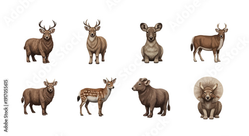 Collection of diverse deer species and other wild ruminant animals in realistic illustrations