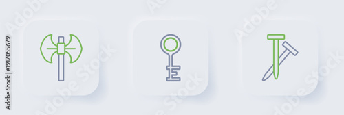 Set line Metallic nails, Old key and Medieval poleaxe icon. Vector