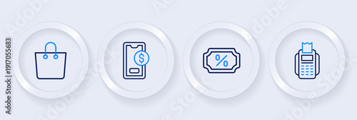 Set line POS terminal, Discount percent tag, Mobile with dollar and Paper shopping bag icon. Vector
