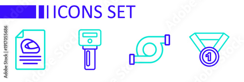 Set line Medal, Automotive turbocharger, Car key with remote and Racing helmet icon. Vector
