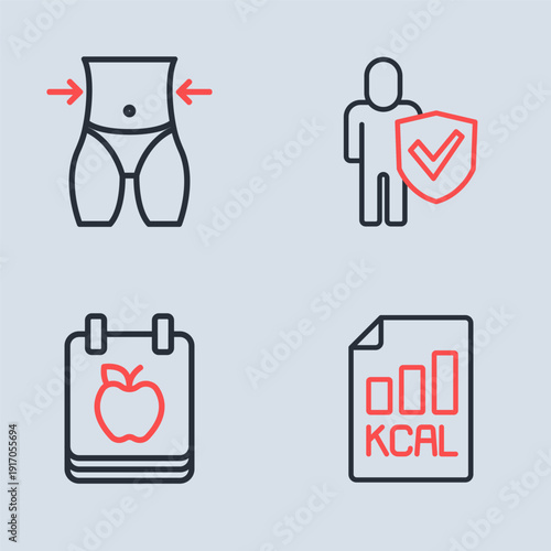 Set line Healthy lifestyle, Diet plan, and Women waist icon. Vector