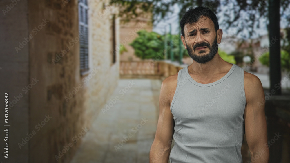Fototapeta premium Man with beard, visible stubble and bare arms grimacing in a narrow stone street wearing a tank top; unease reflection.